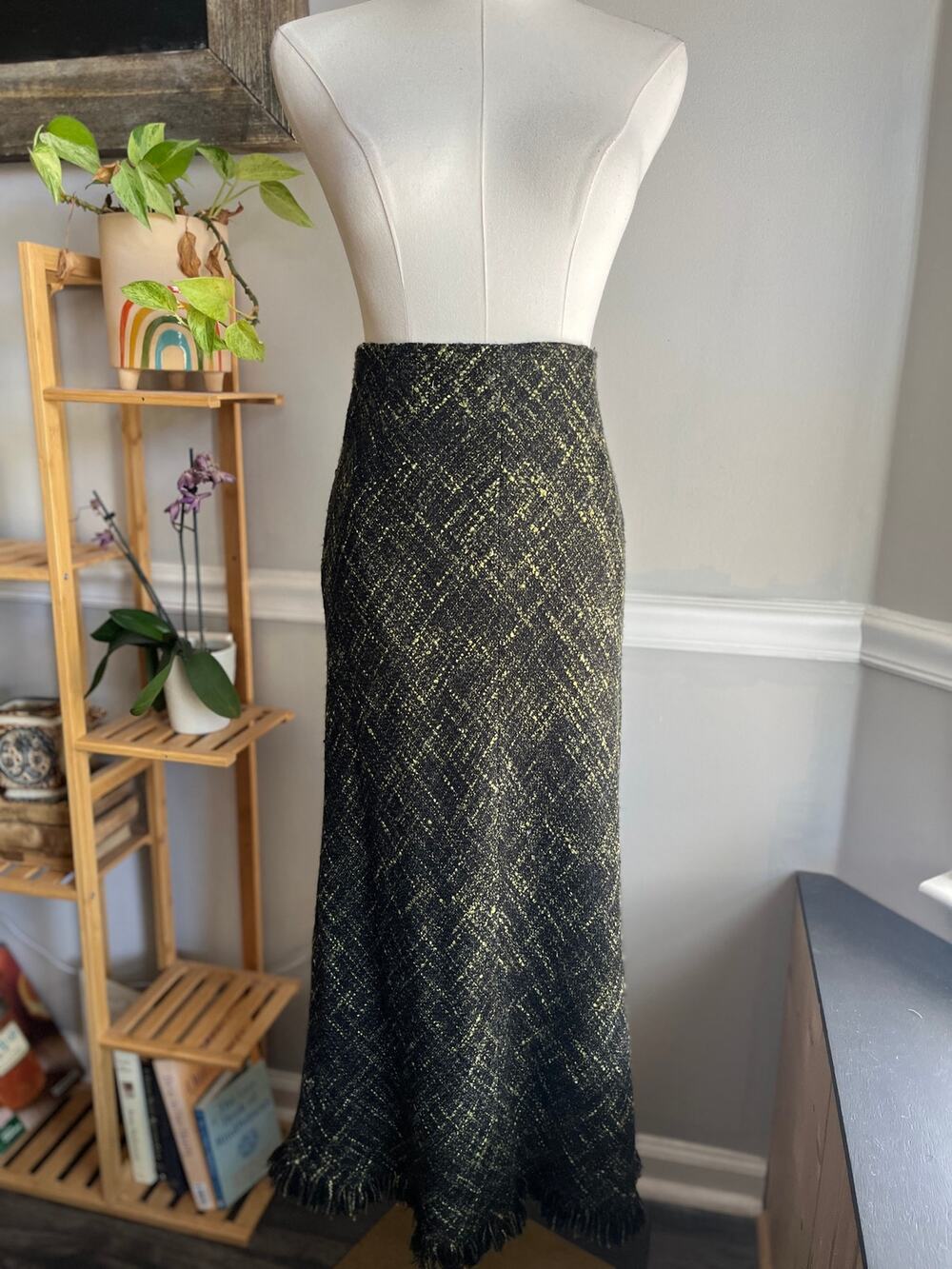 Vintage Y2K Boucle Fringe Maxi Skirt Black Green Woven Size Medium